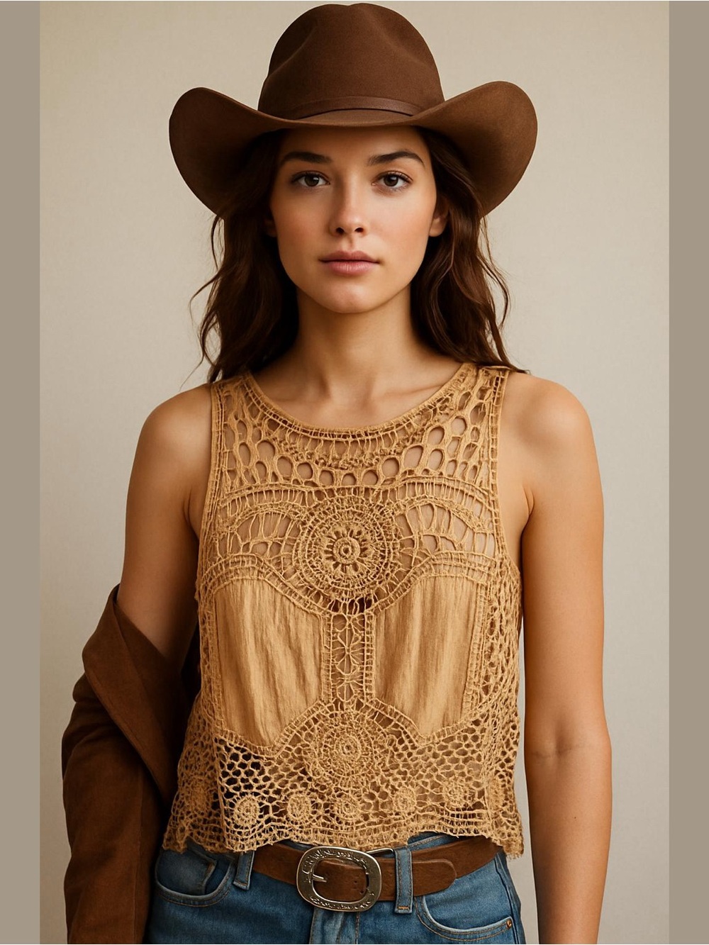 Ivy & Sage Women’s Crochet Lace Tank Top Costal Cowgirl Boho Cottagecore Rodeo M
